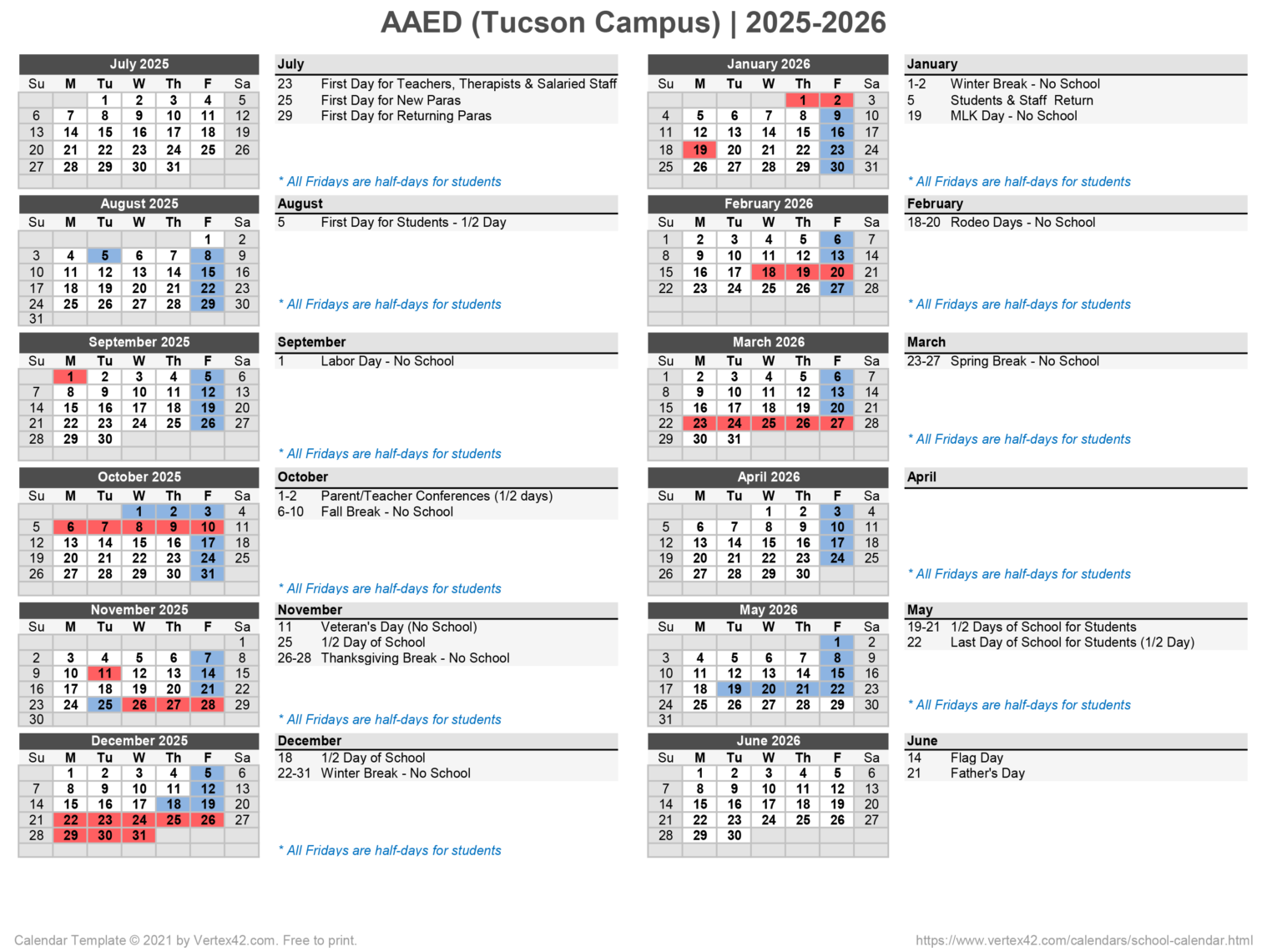 20252026 Tucson Campus Calendar Autism Academy