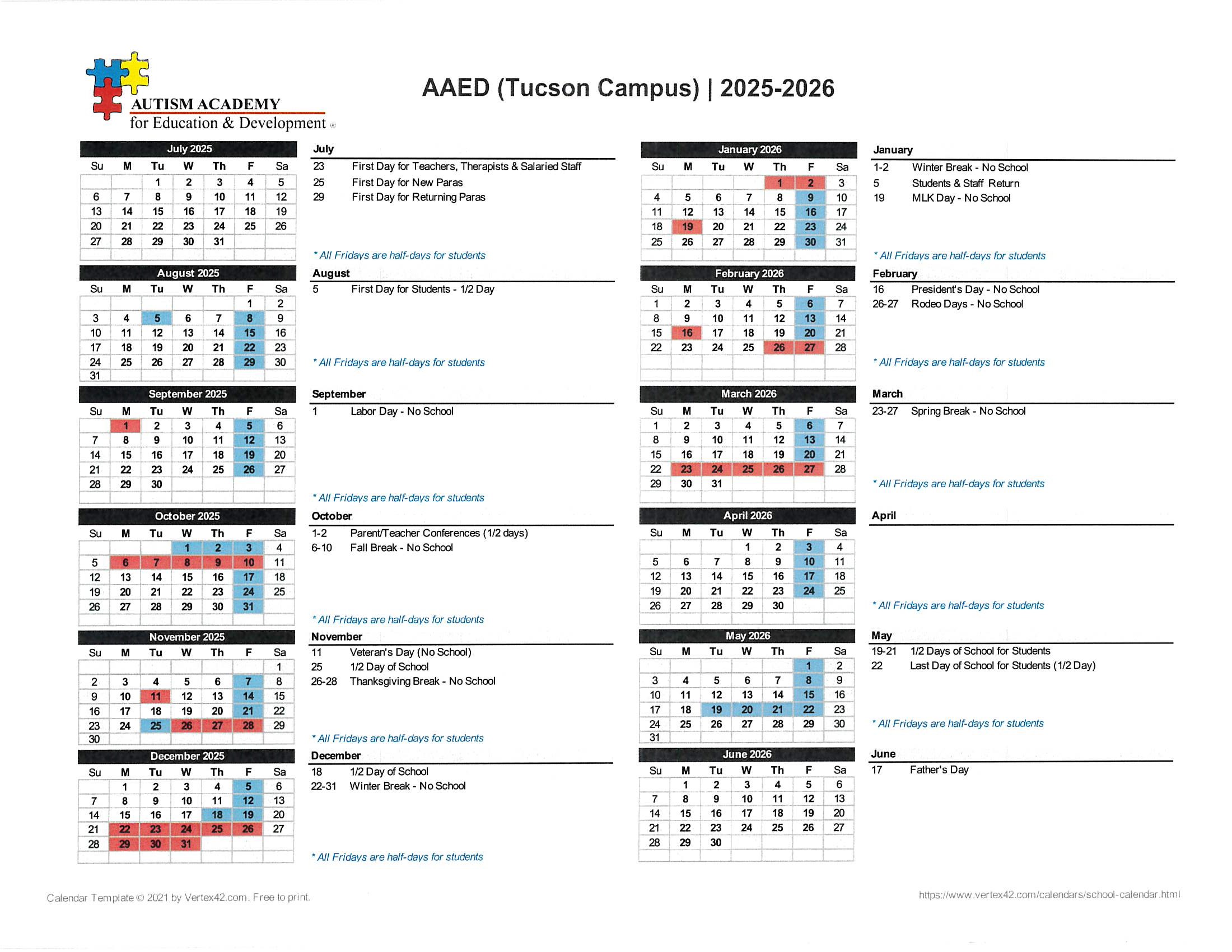 AAED School Calendar 25.26 - Tucson