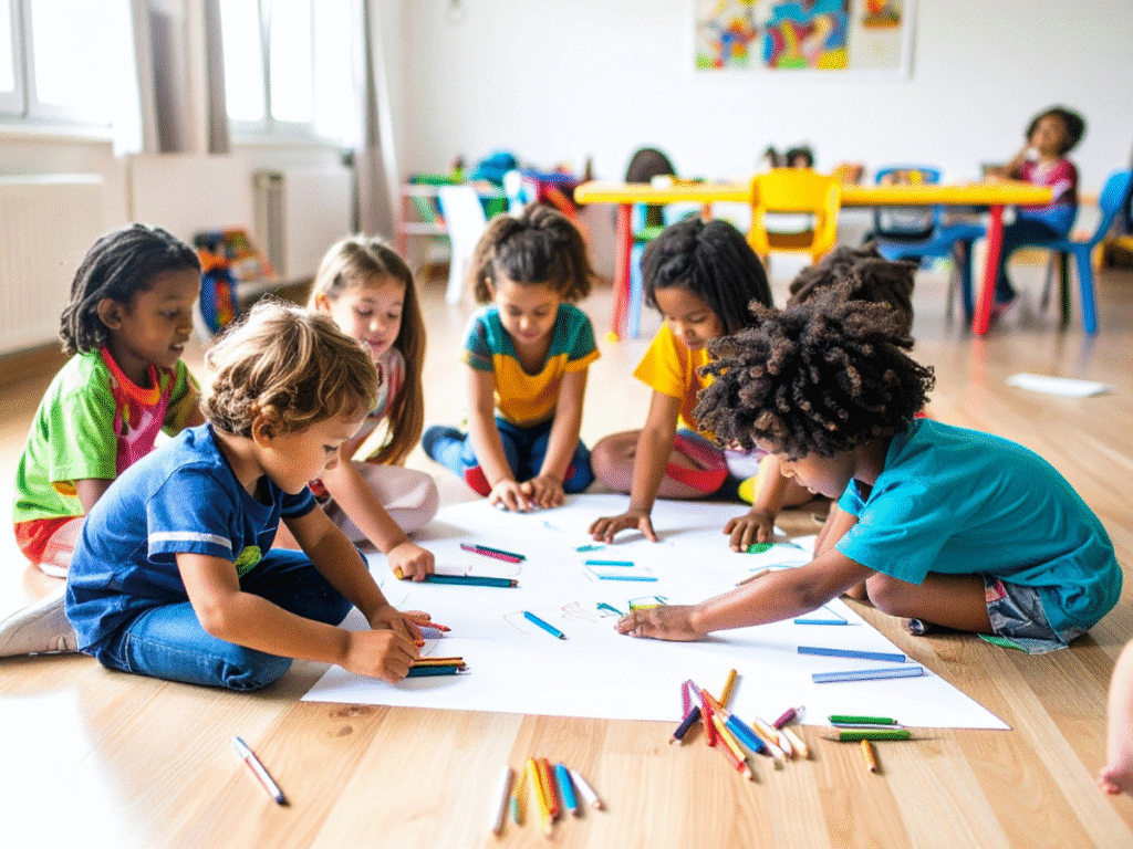 Children collaborating on a drawing activity that builds social emotional learning skills
