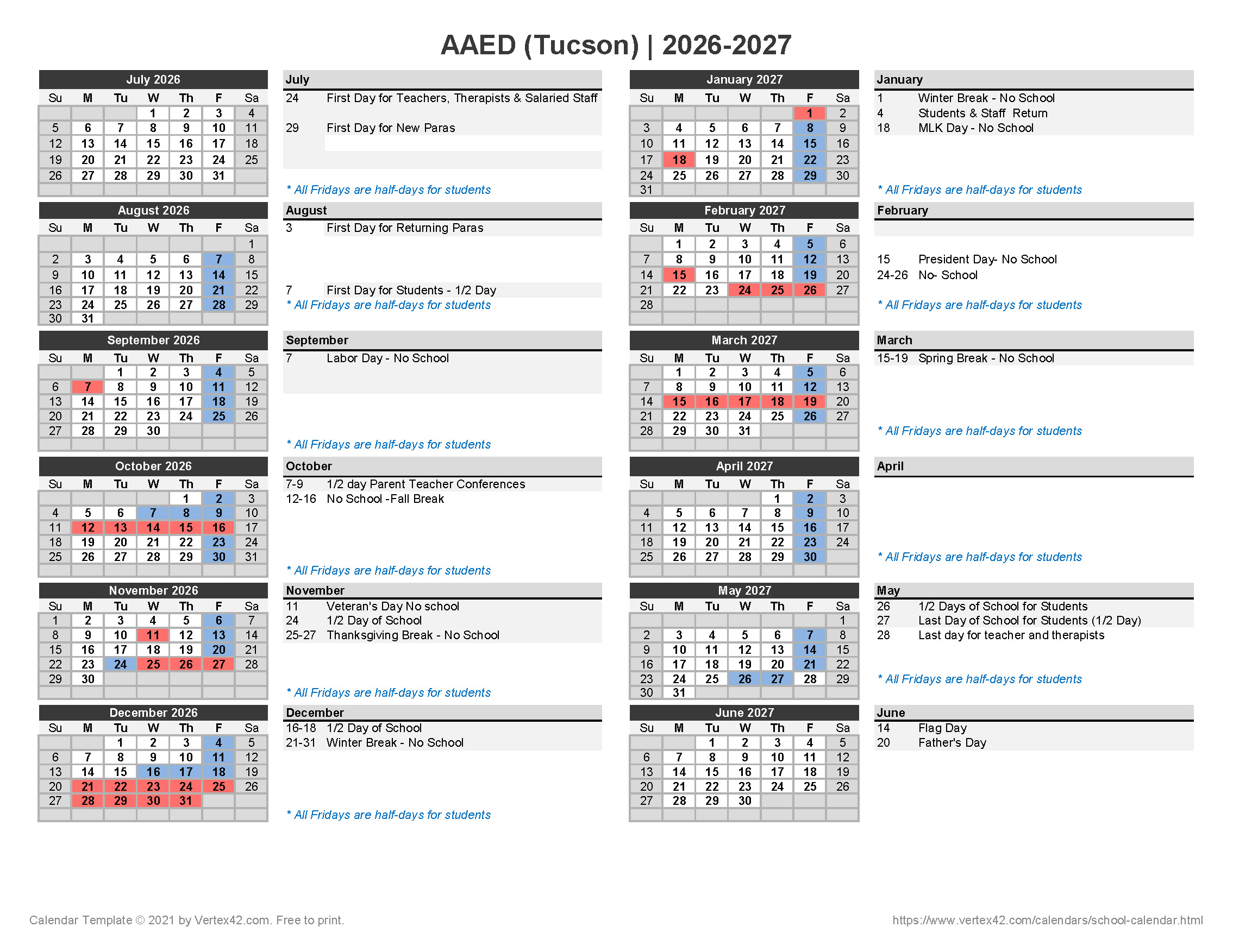2026-2027 Tucson Campus Calendar