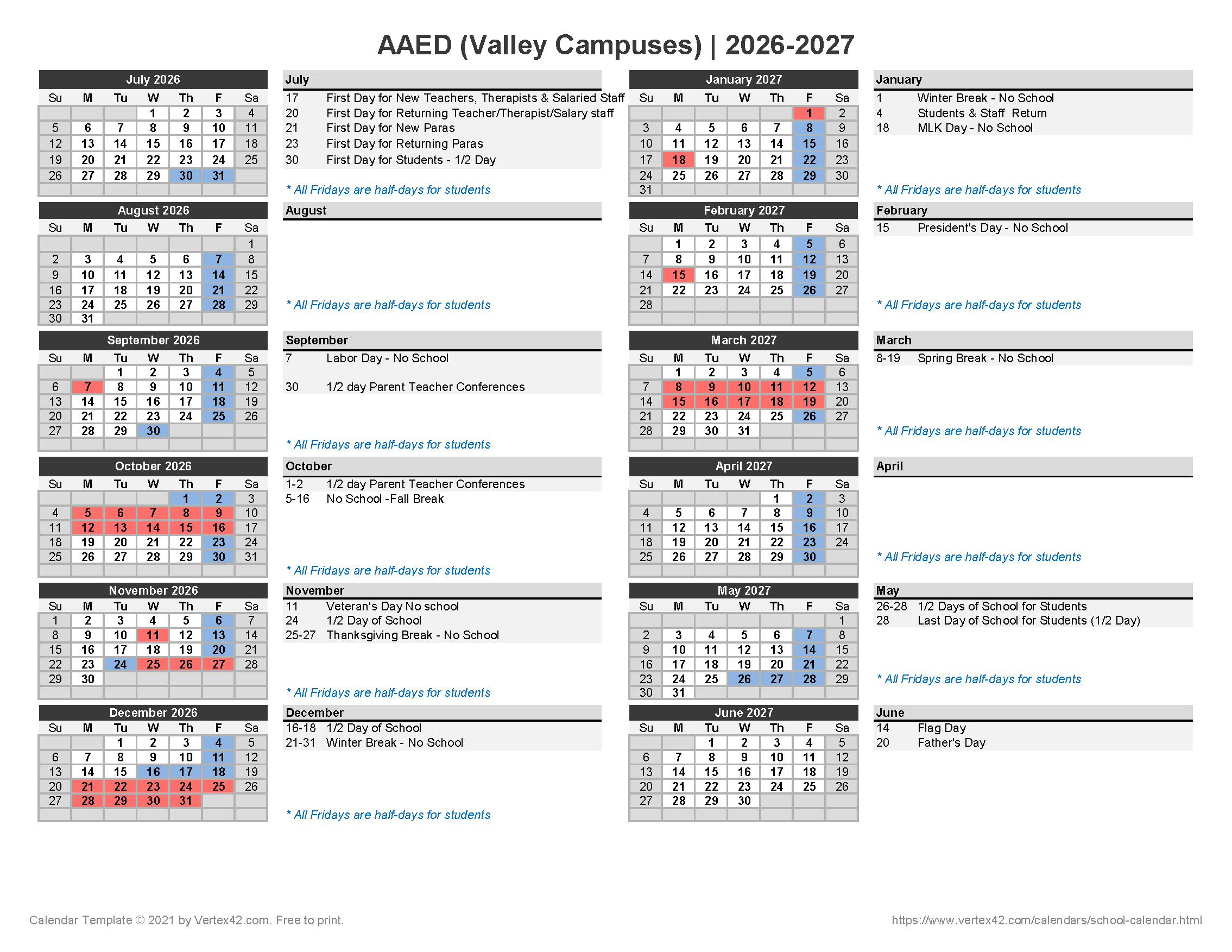 School Calendar 26.27 Valley